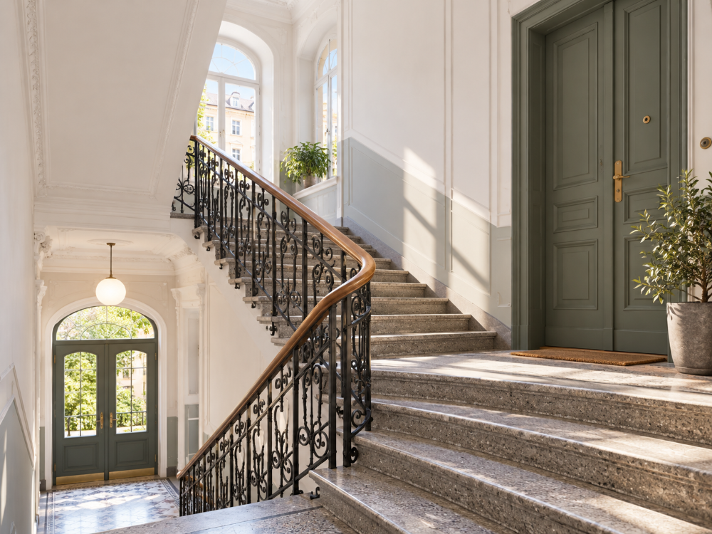 Helles Altbau-Treppenhaus mit Steinstufen und Geländer als Beispiel für die Wohnsituation bei einem Umzug in München.