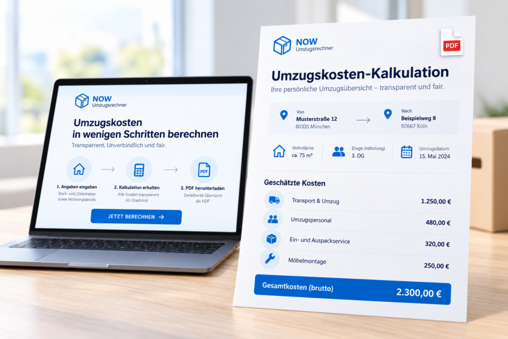 Beispiel einer PDF-Kalkulation mit Umzugskosten, Leistungen und Gesamtkosten im NOW Umzugsrechner