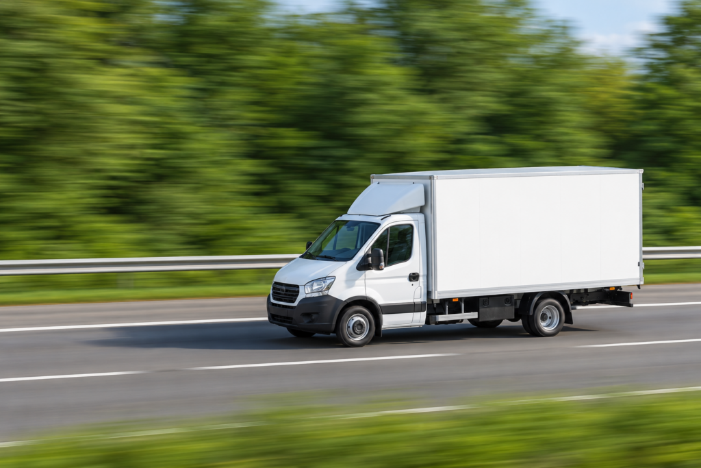 Weißer Umzugstransporter bis 3,5 Tonnen auf der Autobahn