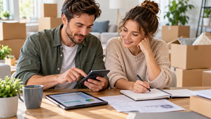 Paar vergleicht am Tisch mit Smartphone, Tablet und Notizbuch die Angebote für den Umzug