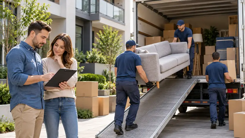 Umzugshelfer tragen ein Sofa über eine Rampe in den Umzugswagen, ein Paar prüft die Liste auf dem Klemmbrett