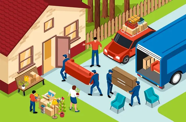 Illustration: Umzugshelfer tragen Sofa und Kommode in den Umzugswagen