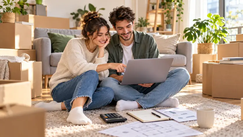 Paar sitzt zwischen Umzugskartons auf dem Teppich und plant am Laptop die Umzugskosten